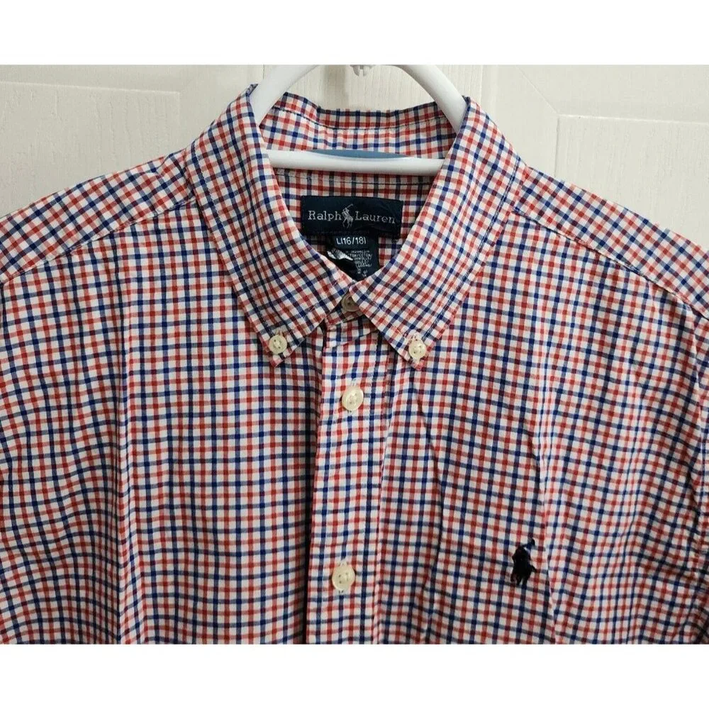 Ralph Lauren Red / Blue Plaid Long Sleeve Button Down Shirt Youth Size L 16 / 18